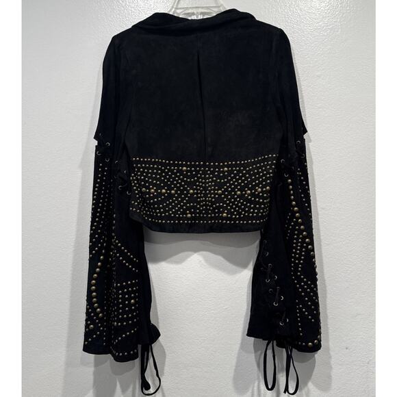 Free People Black Suede Leather Jacket Studs Women’s Size XS Flared Sleeves READ - Picture 2 of 16